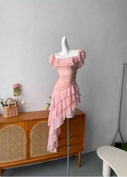 Sweet Pink Square Neck Ruffle Irregular Chiffon Long Prom Dress Evening Gown