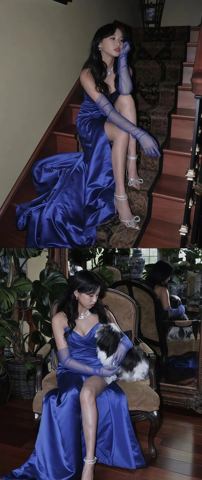 Fancy Leg Slit Prom Dress Tight Satin Evening Gowns with Sleeves