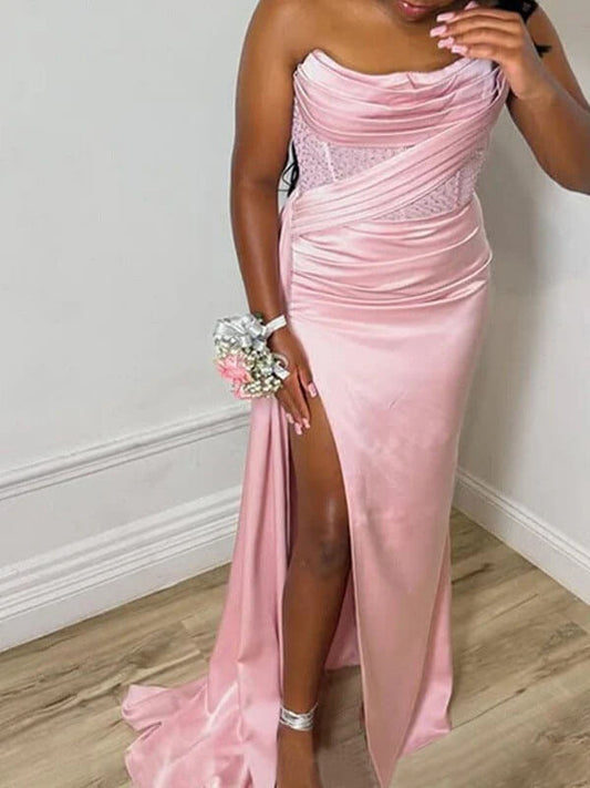 Thigh-high Slit Pink Satin Strapless Corset Prom Dress