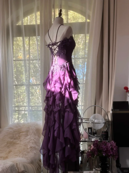 Unique Purple Prom Dress Designs Ruffle Chiffon Birthday Party Outfits Long