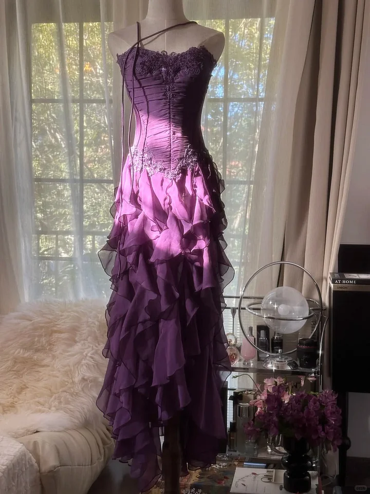 Unique Purple Prom Dress Designs Ruffle Chiffon Birthday Party Outfits Long