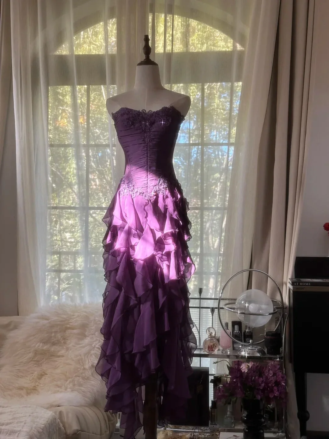 Unique Purple Prom Dress Designs Ruffle Chiffon Birthday Party Outfits Long