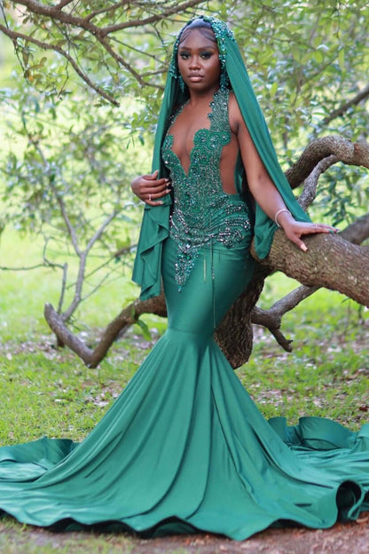 Sparkly Green Prom Dress Mermaid Tight Fitted Black Women Gala Dresses