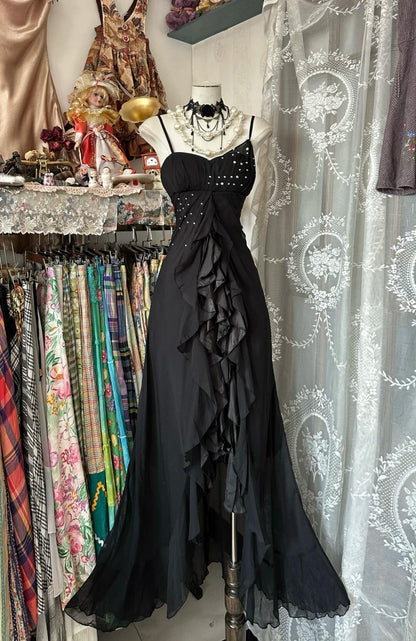 retro black dress Vintage Black Chiffon Spaghetti Straps Long Prom Dresses – jkprom