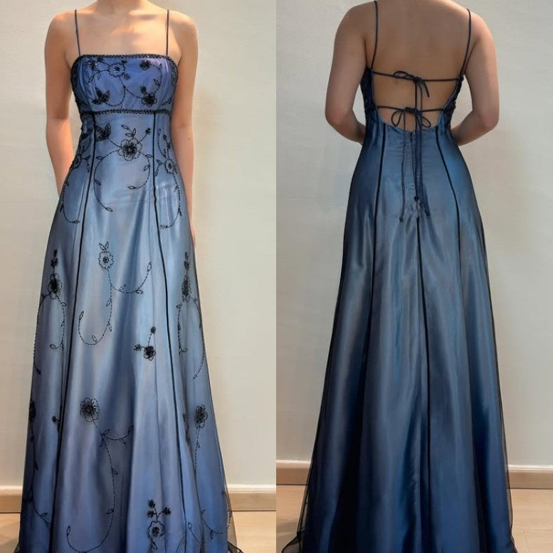 Vintage Blue Gradient Empire Prom Dresses Backless Romantic Beaded Evening Dresses