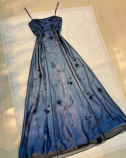 Vintage Blue Gradient Empire Prom Dresses Backless Romantic Beaded Evening Dresses