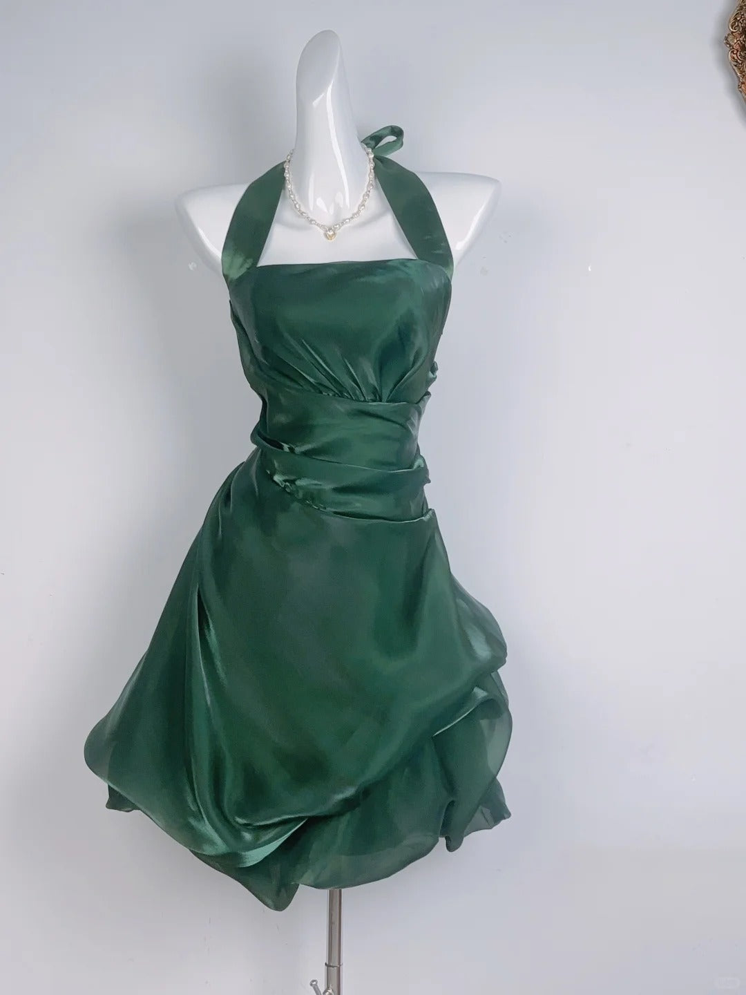 Vintage Green Halter Neck Mini Dress Short Party Gown