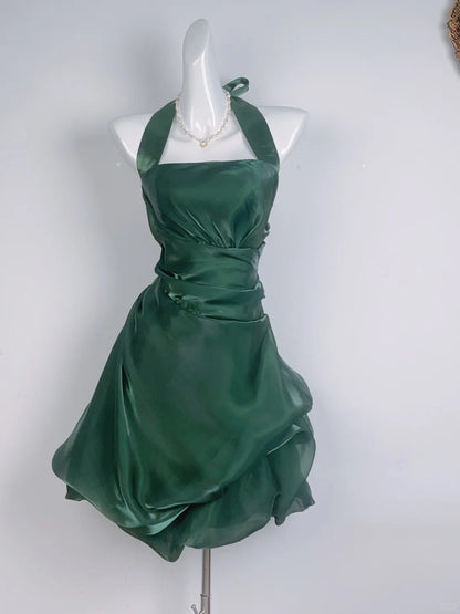 Vintage Green Halter Neck Mini Dress Short Party Gown