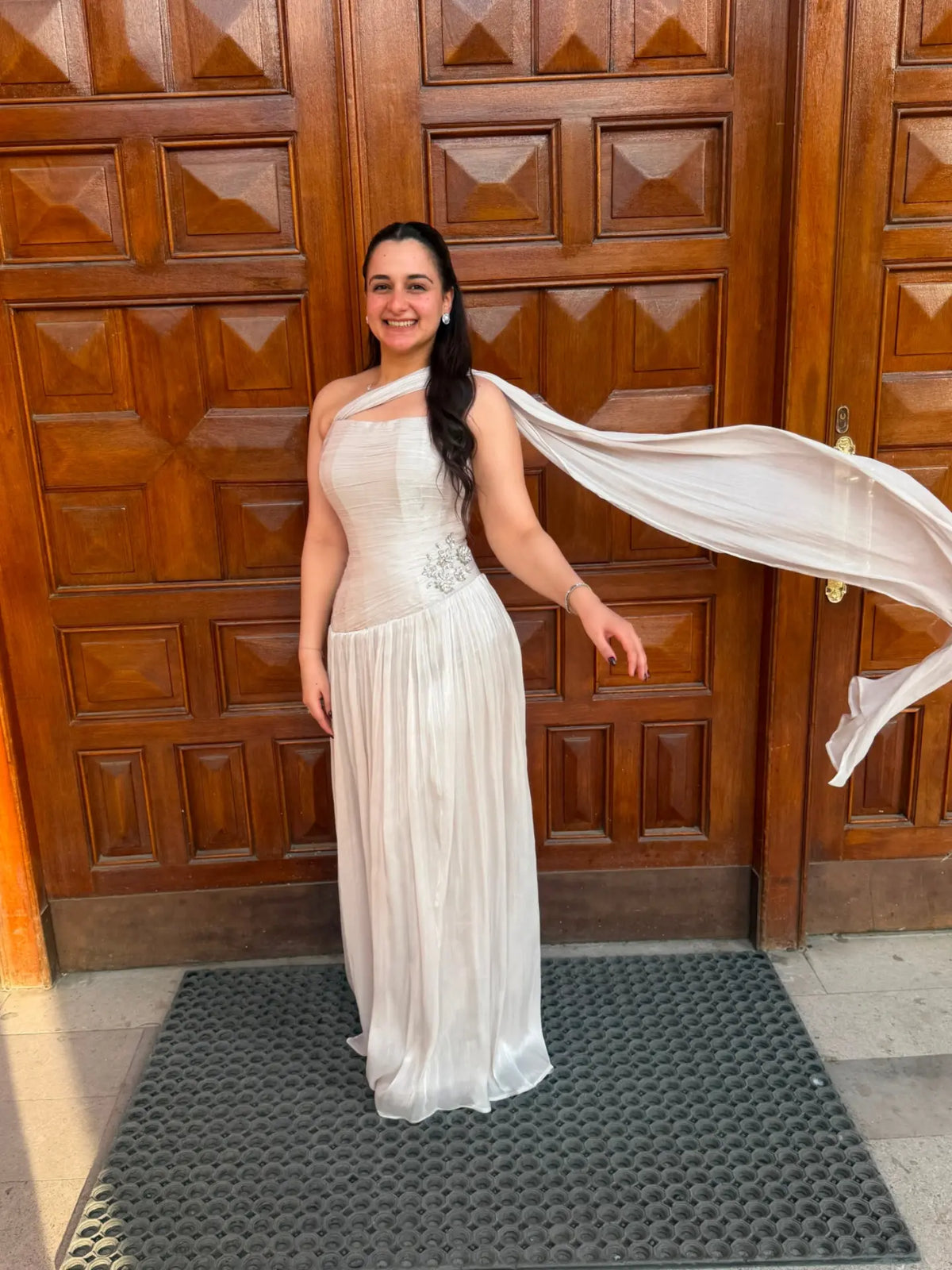 Elegant Evening Gown Strapless Flowing Draped Sash Wedding Guest Outfit