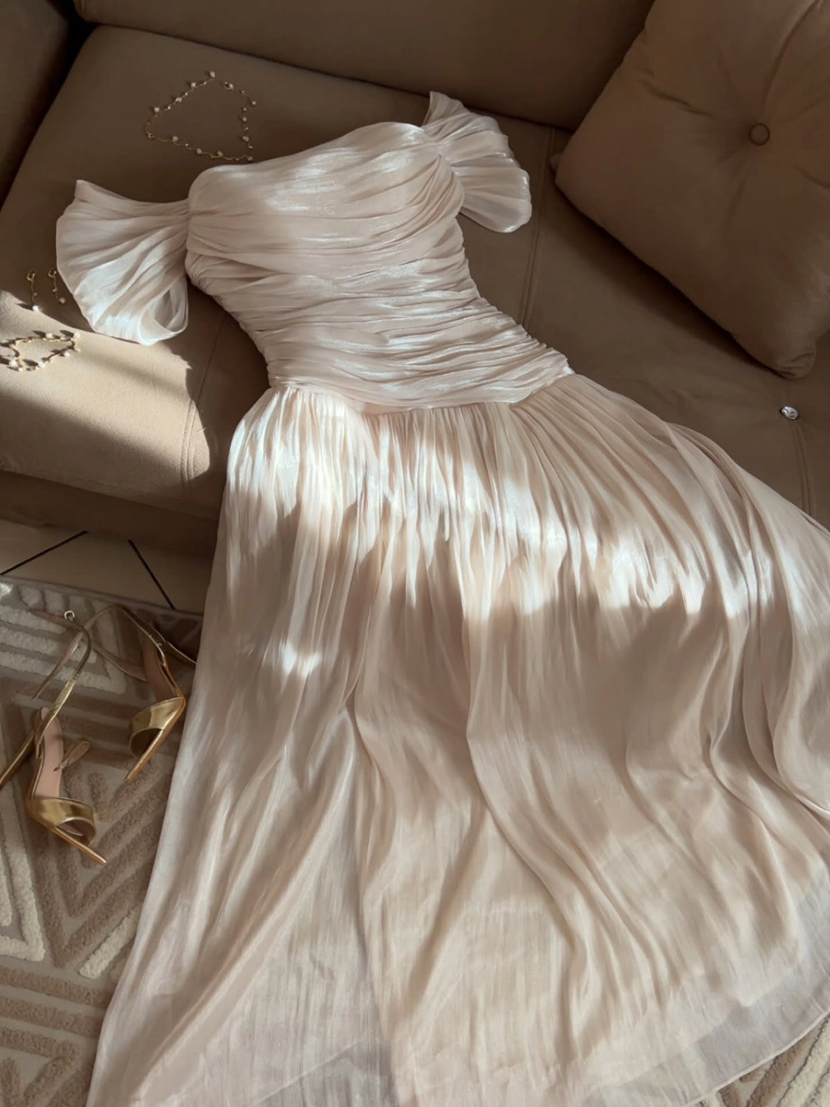 Off-the-shoulder Pleated Long dress A Line