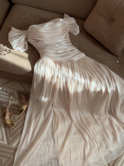 Off-the-shoulder Pleated Long dress A Line