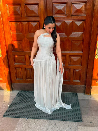 Elegant Evening Gown Strapless Flowing Draped Sash Wedding Guest Outfit