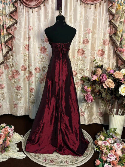 Vinatge Wine Red Taffeta Long Formal Dress Burgundy A-Line Wedding Guest Outfit