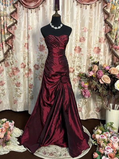 Vinatge Wine Red Taffeta Long Formal Dress Burgundy A-Line Wedding Guest Outfit