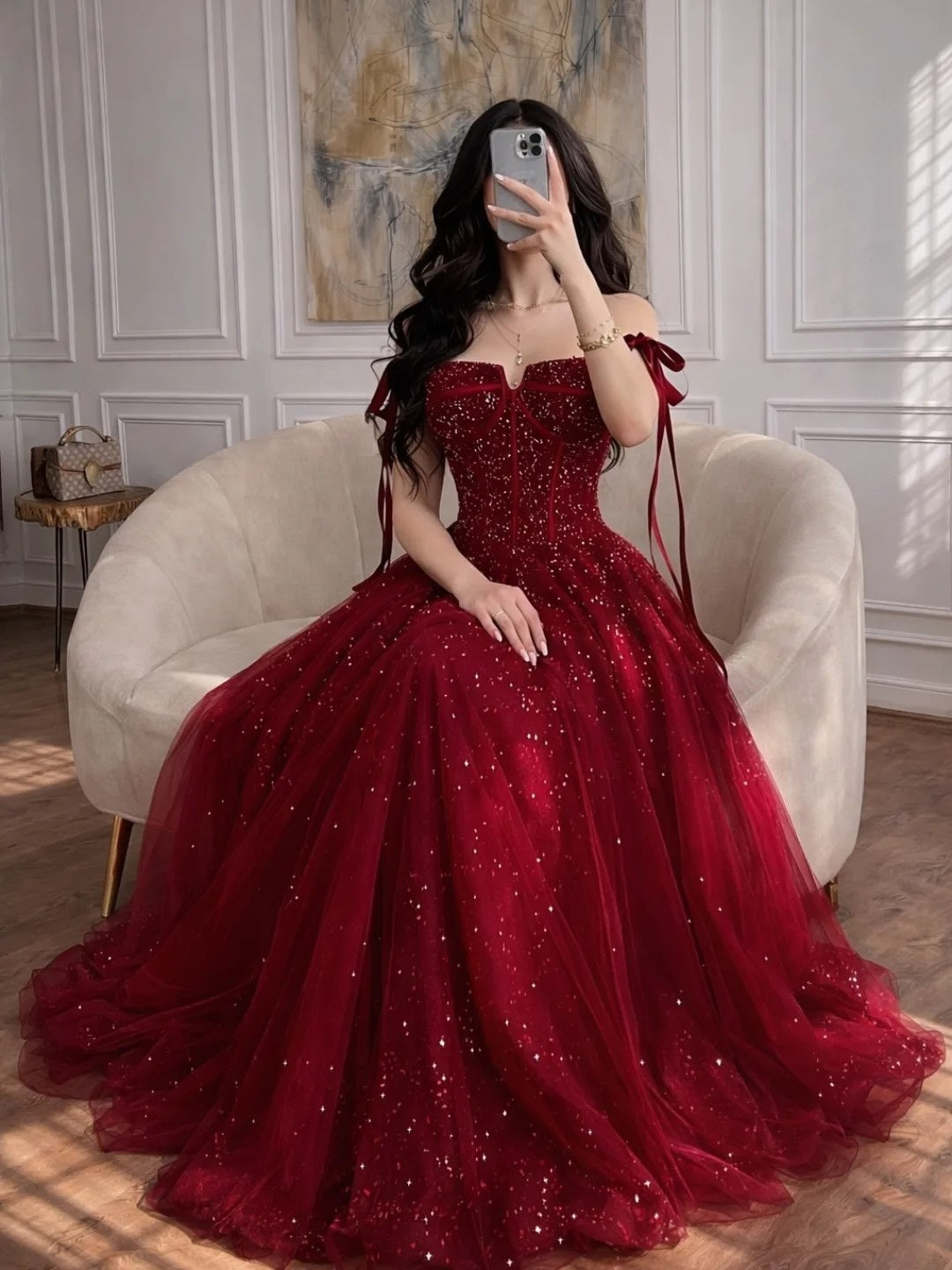 Sparkly Dark Red Prom Dress Long Classy A Line Birthday Gown
