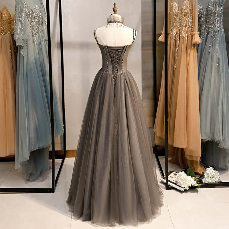 grey tulle prom dress Grey/Gray Unique Tulle Prom Dress Long