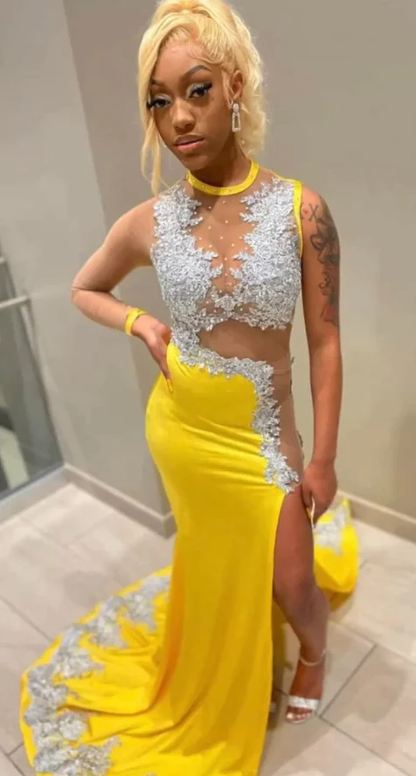 Yellow Mermaid Split Prom Dress Long Formal Dresses