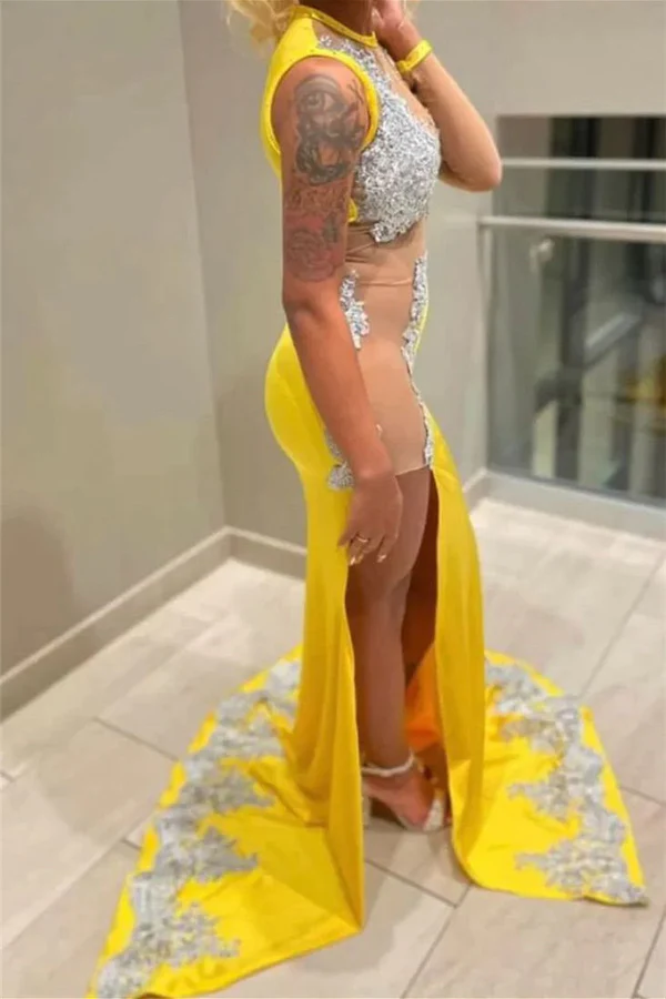 Yellow Mermaid Split Prom Dress Long Formal Dresses