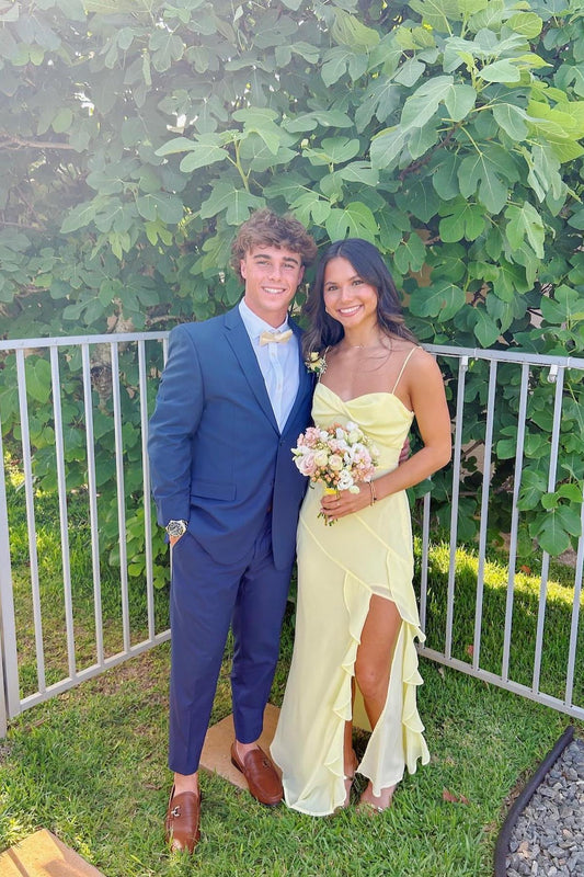 spaghetti straps strapless yellow chiffon formal dress with slit