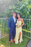 spaghetti straps strapless yellow chiffon formal dress with slit