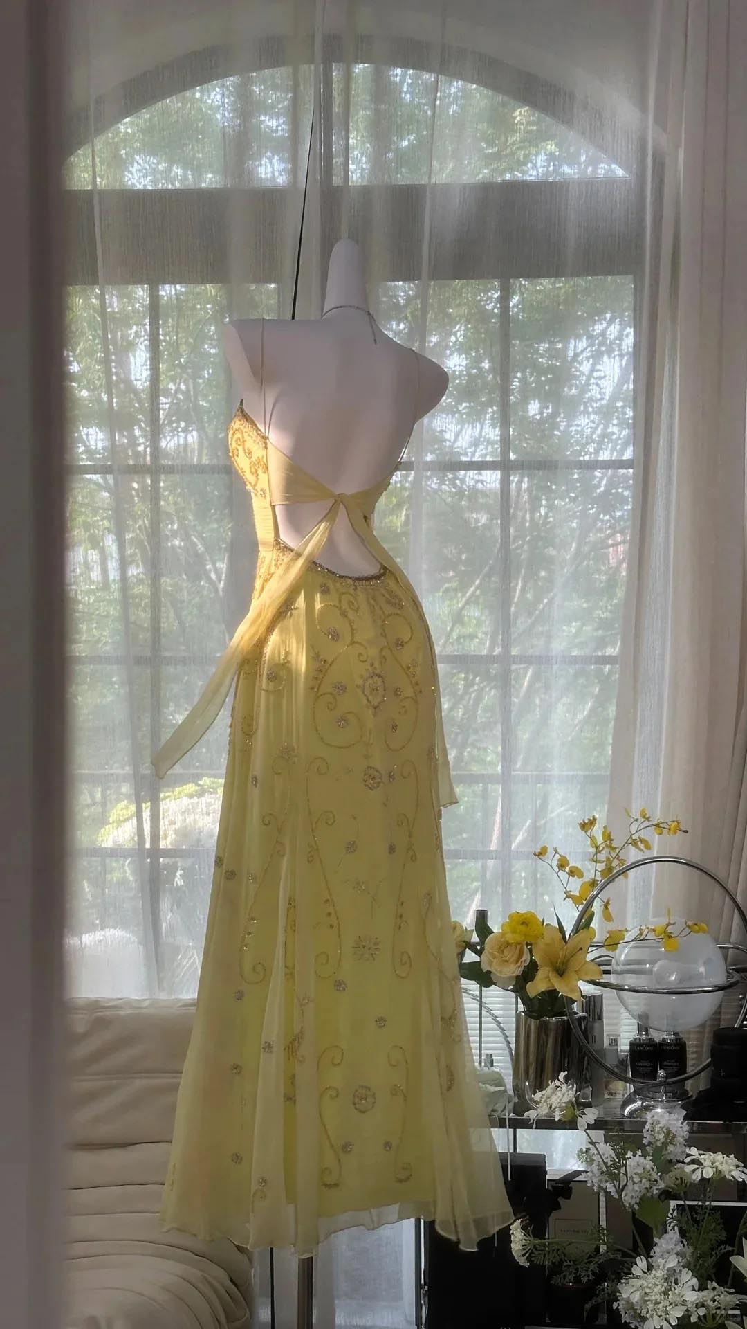 Unique Yellow Prom Dresses Long Beaded Open Back Prom Outfit – jkprom