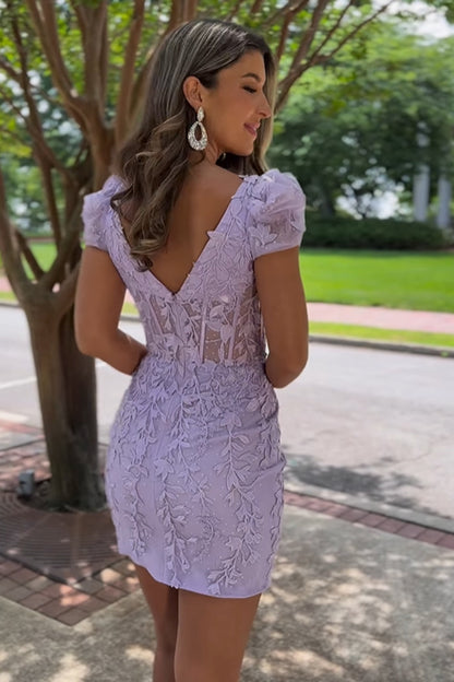 Bodycon Square Neck Lavender Homecoming Dress with Appliques jkprom Bodycon Square Neck Lavender Homecoming Dress with Appliques jkprom