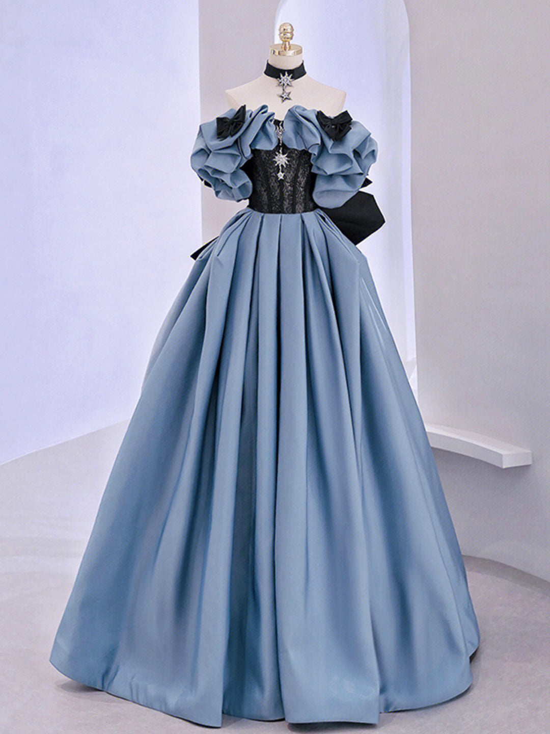 Unique Blue Satin Lace Long Prom Dress Off Shoulder Evening Dresses