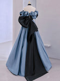 Unique Blue Satin Lace Long Prom Dress,Off Shoulder Evening Dresses