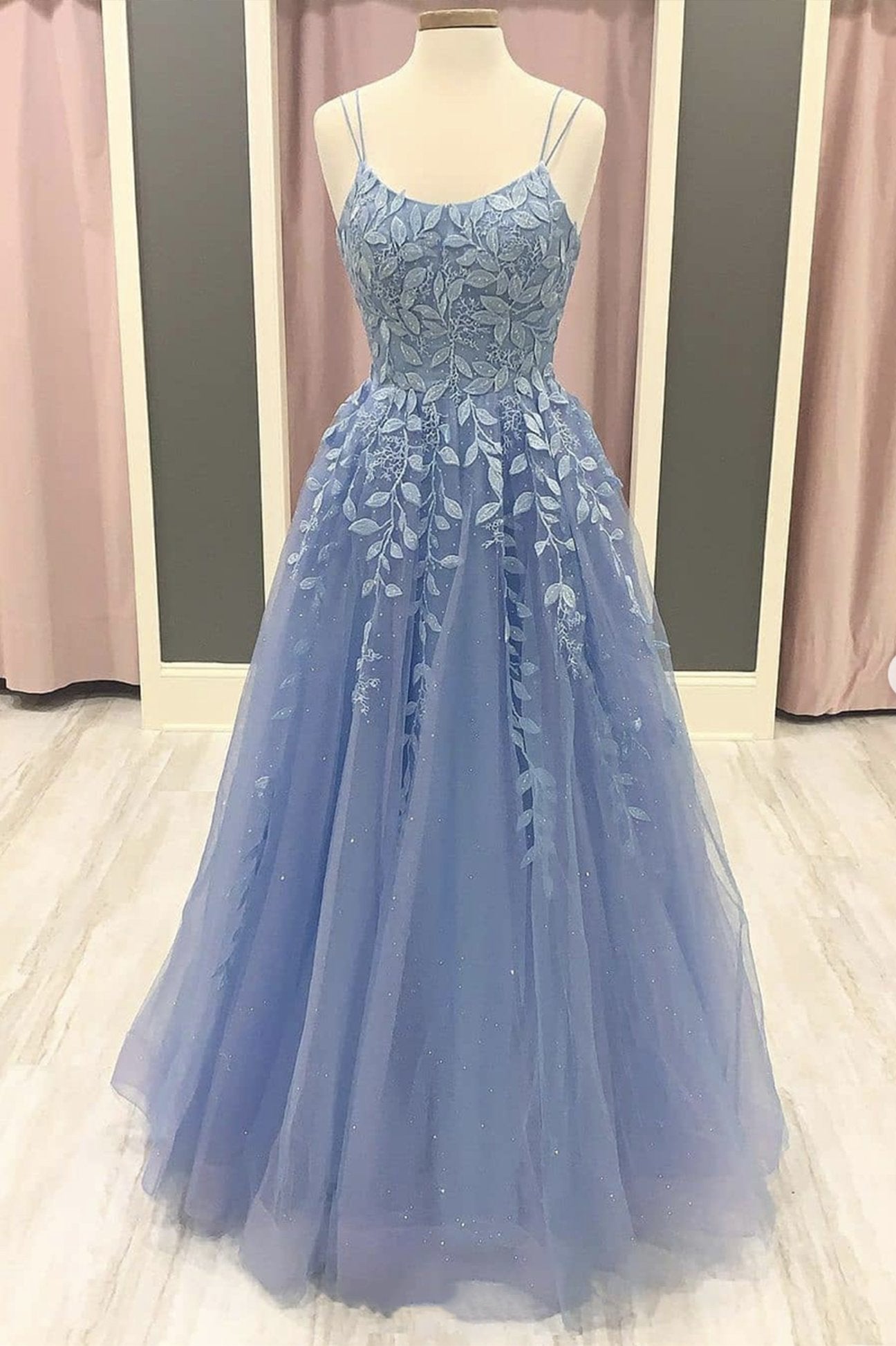 Blue tulle lace applique long prom dress lace formal dress