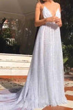 Sparkly Long Prom Dress Spaghetti V Neck Backless Sequin Evening Gown