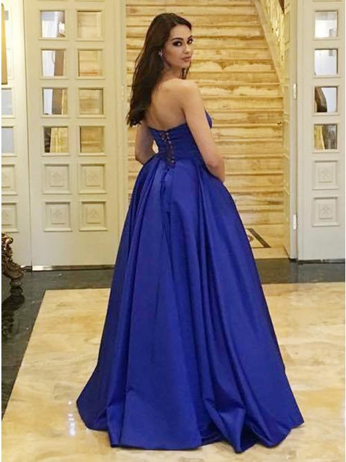 Strapless Royal Blue Satin Long Prom Dress Plus Size Formal Gown