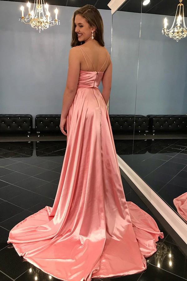 Coral Long Prom Dress Spaghetti Straps Sexy Slit Formal Gown
