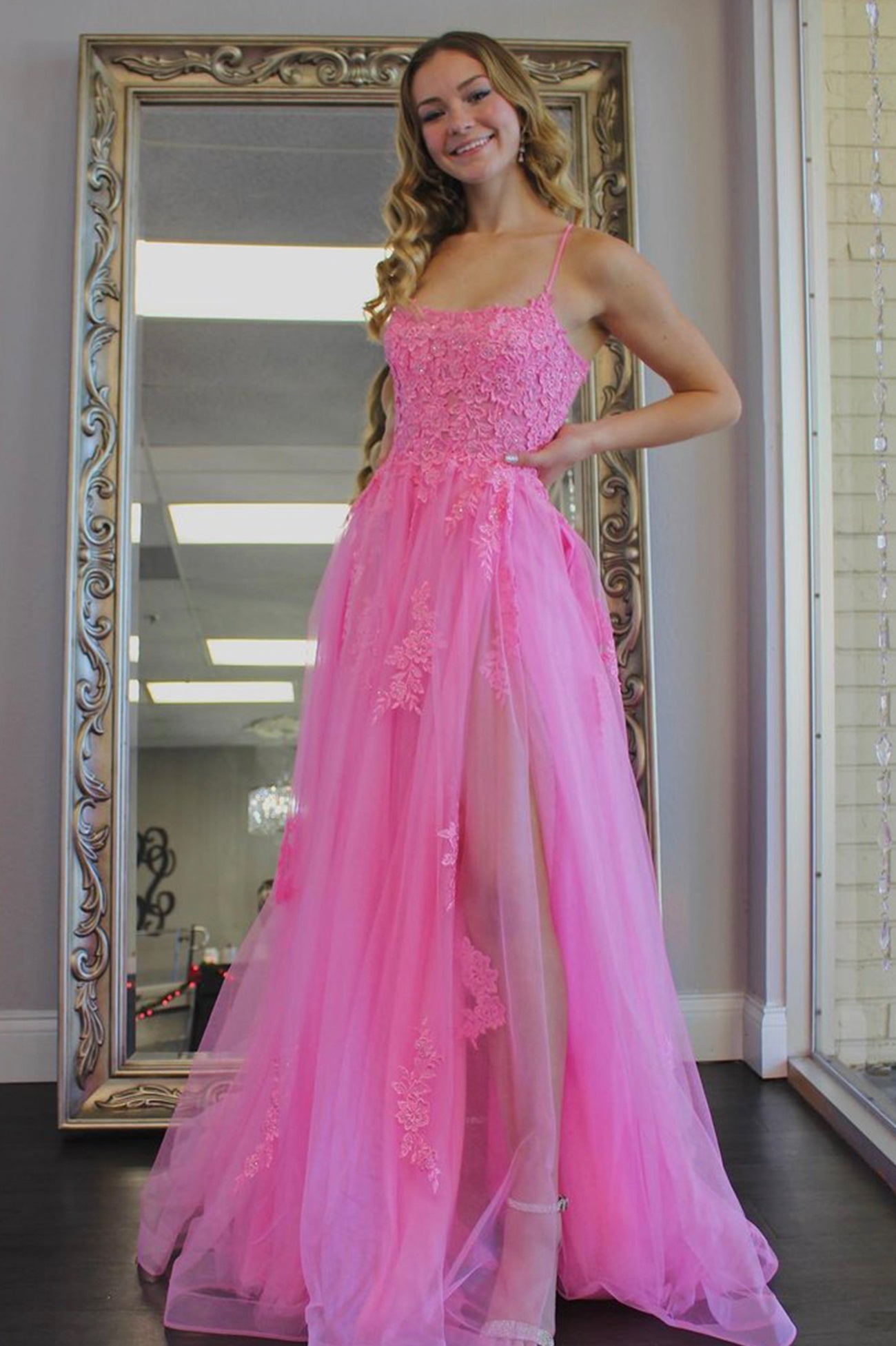 Pink Lace Long Prom Dresses,A-Line Formal Evening Dress – jkprom