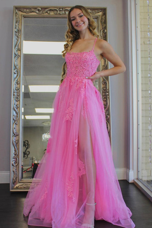 Pink Lace Long Prom Dresses,A-Line Backless Formal Evening Dress