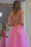 Pink Lace Long Prom Dresses,A-Line Backless Formal Evening Dress