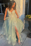 Light Green V-neck Lace Long Prom Dress,A-Line Holiday Dresses Party with Slit