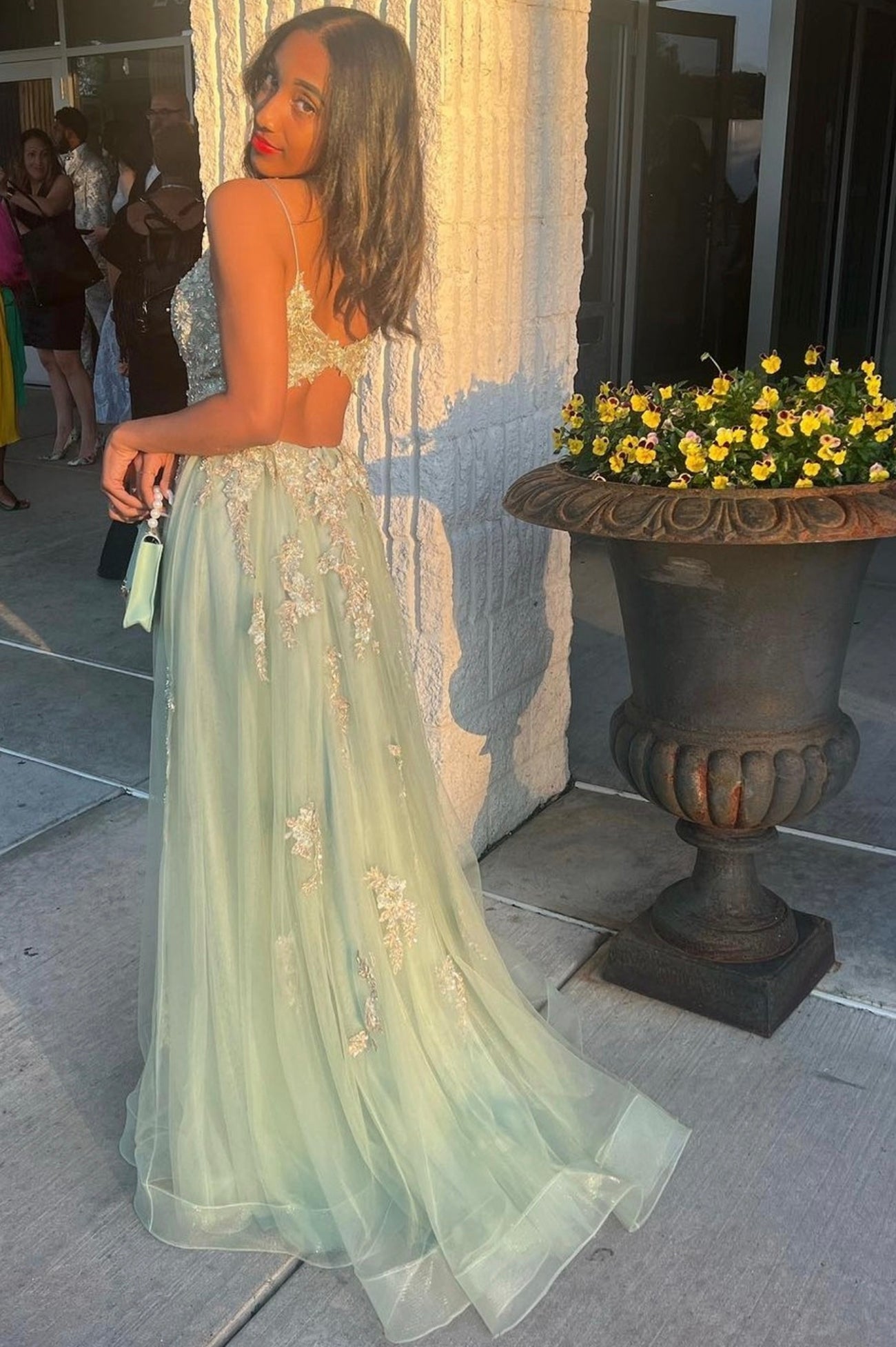 Light Green V-neck Lace Long Prom Dress,A-Line Holiday Dresses Party with Slit