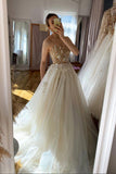 Champagne Spaghetti Strap Lace Long Prom Dresses, A-Line Evening Dress