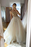 Champagne Spaghetti Strap Lace Long Prom Dresses, A-Line Evening Dress