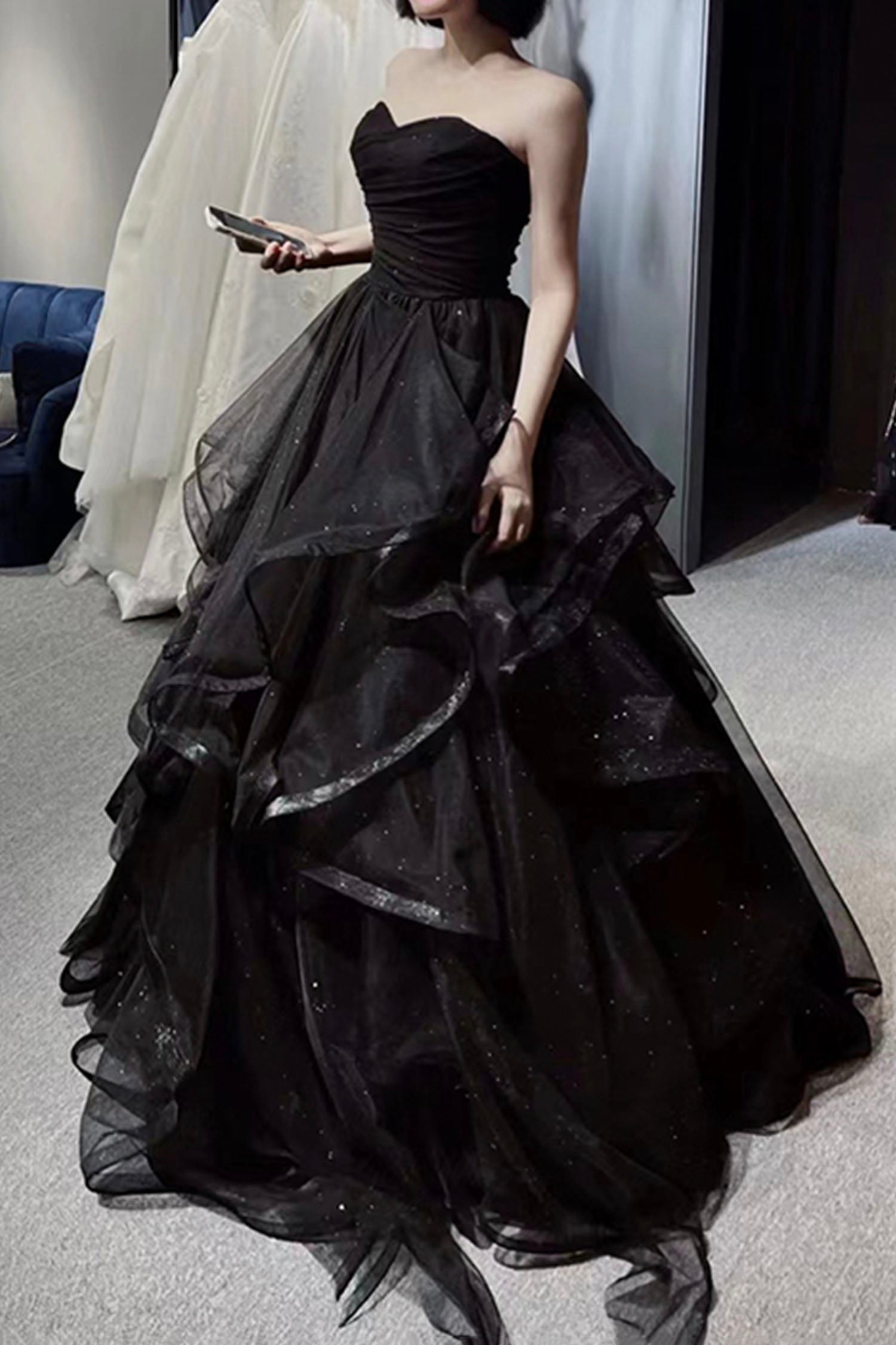 Black Tulle Long A-Line Prom Dress,Ball Dresses with Ruffles
