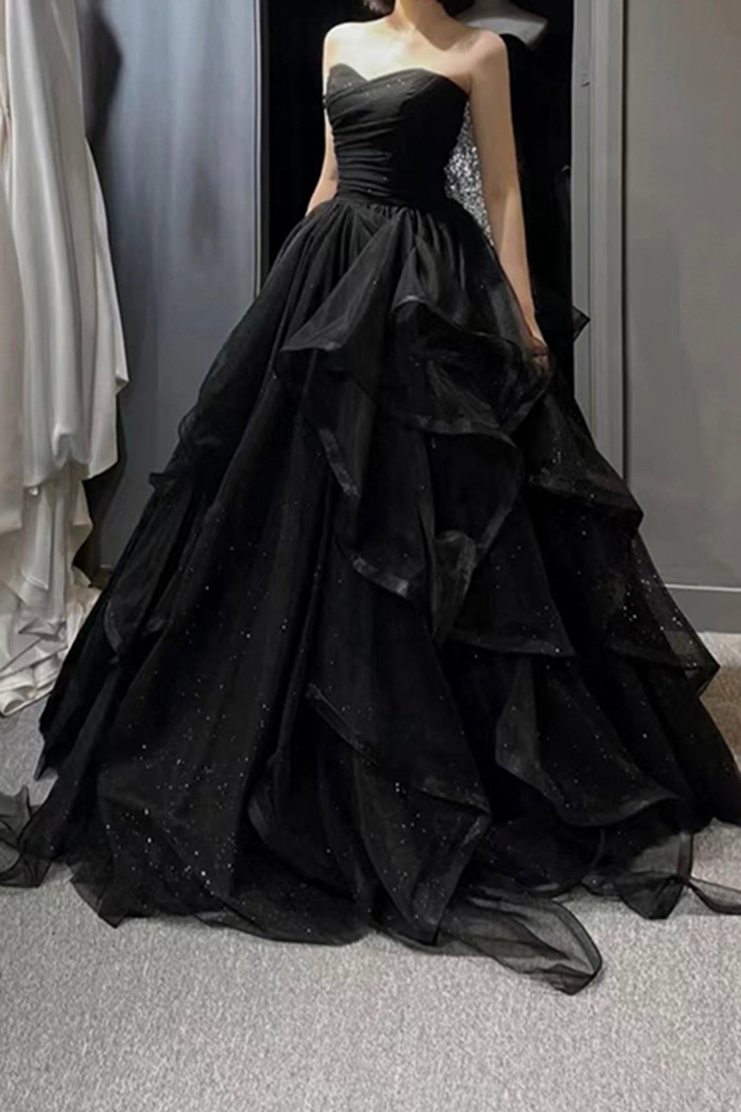 Black Tulle Long A-Line Prom Dress,Ball Dresses with Ruffles jkprom Black Tulle Long A-Line Prom Dress,Ball Dresses with Ruffles jkprom