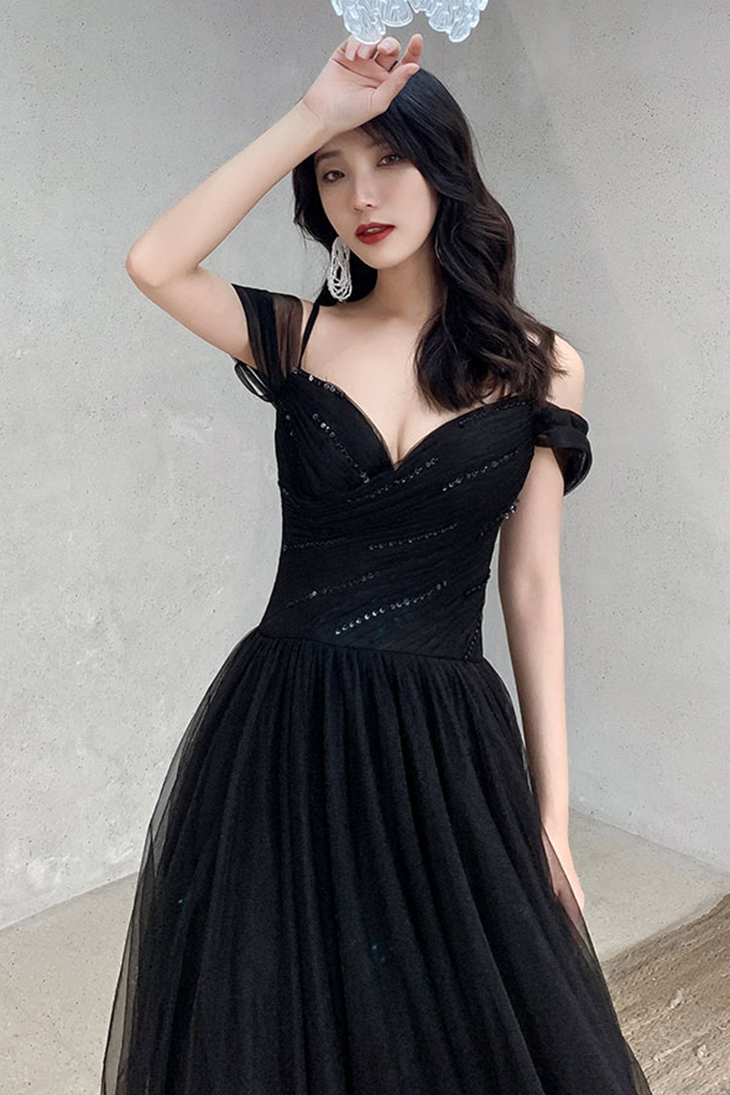 Black Tulle Long A-Line Prom Dress,Off the Shoulder Evening Dresses