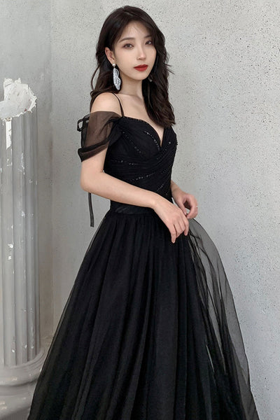 Black Tulle Long A-Line Prom Dress,Off the Shoulder Evening Dresses ...