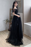 Black Tulle Long A-Line Prom Dress,Off the Shoulder Evening Dresses