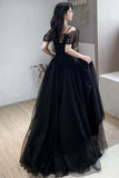 Black Tulle Long A-Line Prom Dress,Off the Shoulder Evening Dresses