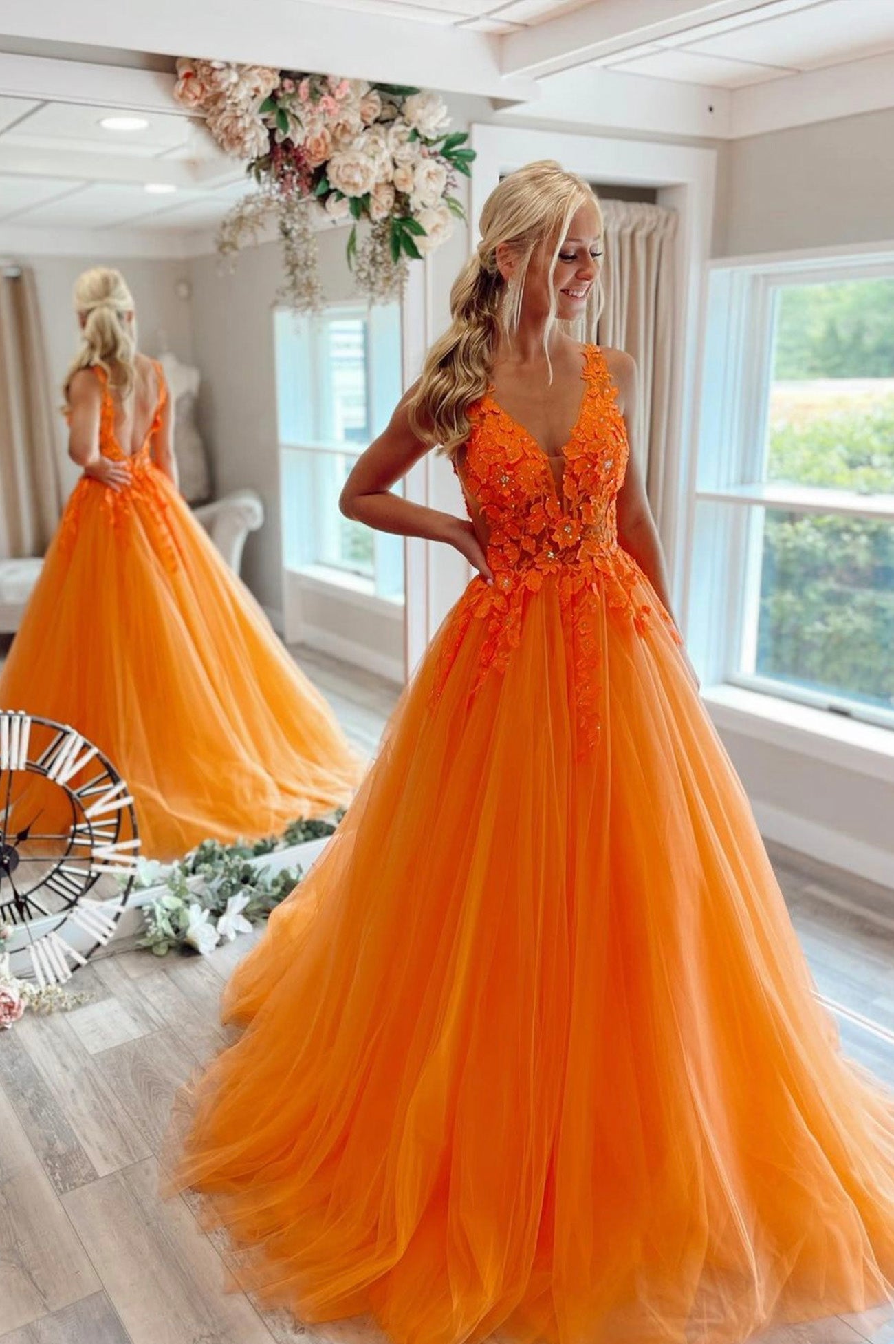 Orange Tulle Lace Long Prom Dresses,Illusion A Line Formal Dress