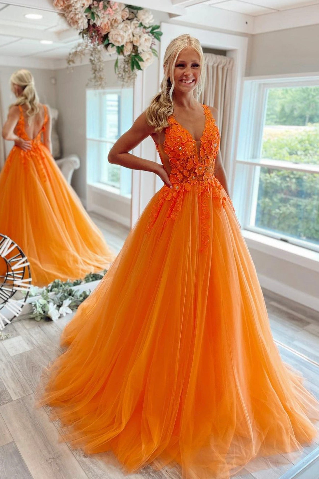Orange Tulle Lace Long Prom Dresses,A Line Formal Dress jkprom Orange Tulle Lace Long Prom Dresses,A Line Formal Dress jkprom