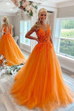 Orange Tulle Lace Long Prom Dresses,Illusion A Line Formal Dress