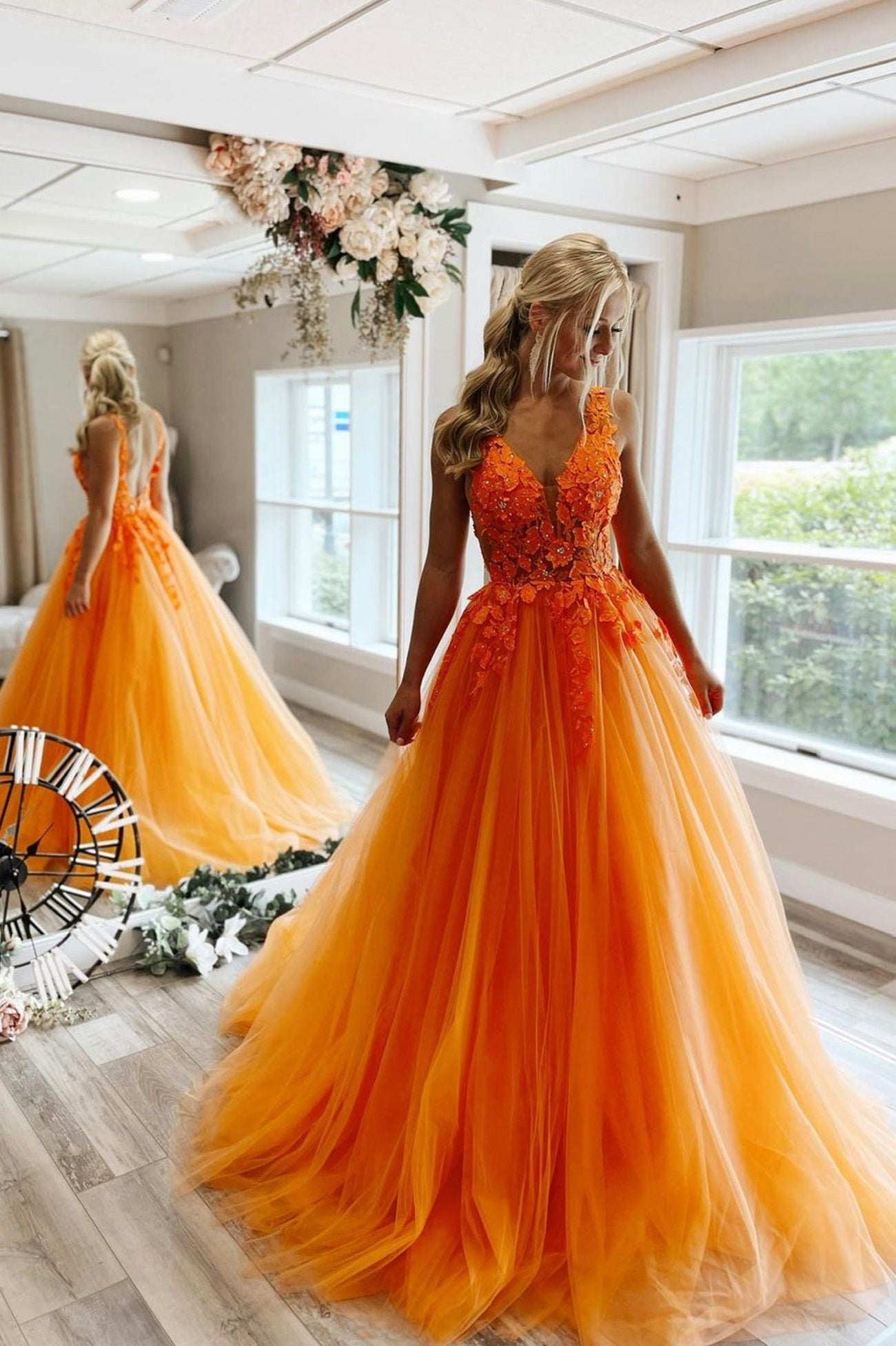 Orange Tulle Lace Long Prom Dresses,A Line Formal Dress – jkprom