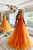 Orange Tulle Lace Long Prom Dresses,Illusion A Line Formal Dress